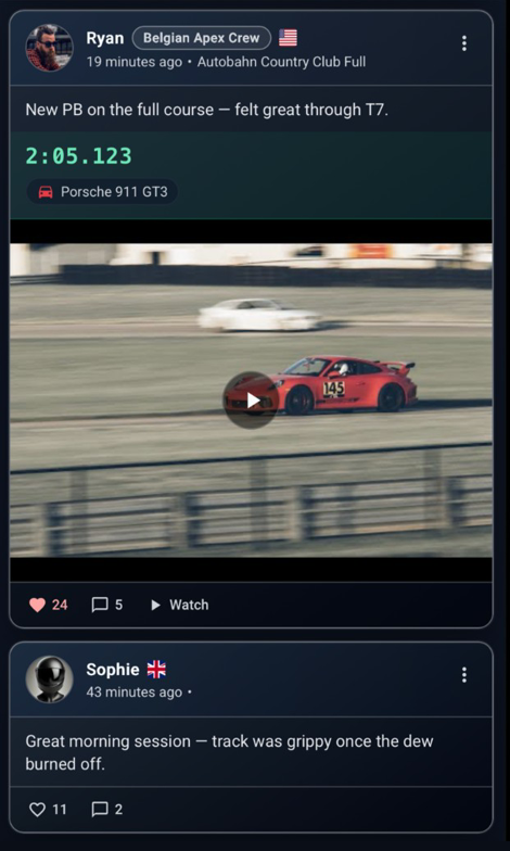 LapsHub activity feed with lap time posts, video clips, and crew updates from track day drivers