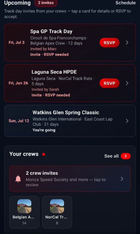 LapsHub crews and track day schedule screen