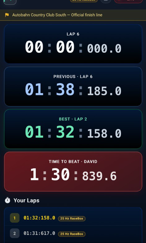 LapsHub Drive screen on iPhone with live lap timer, session best, and Time to Beat card