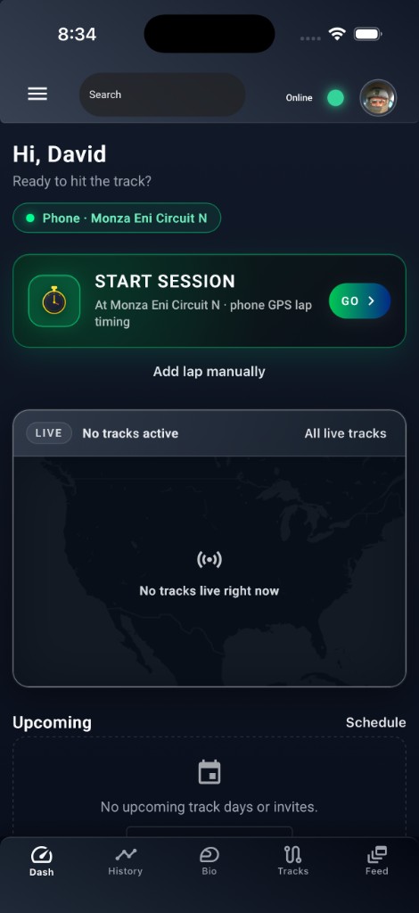 LapsHub app home screen with Start Session and phone GPS lap timing