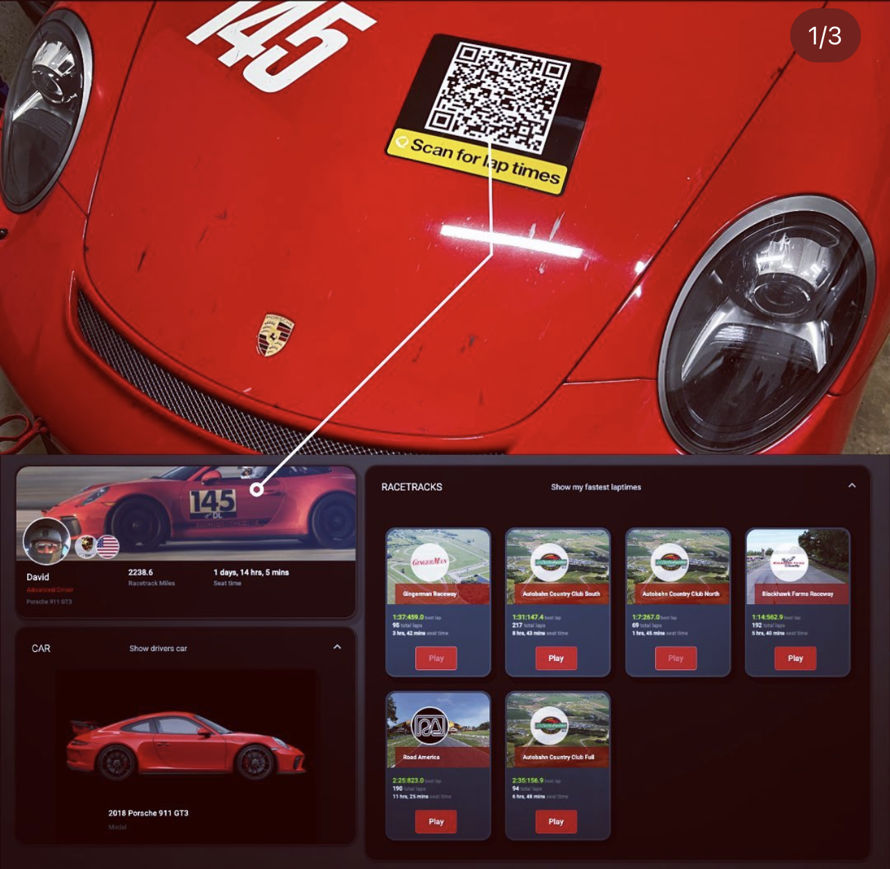 LapsHub Driver Bio with QR code on a Porsche GT3 race car